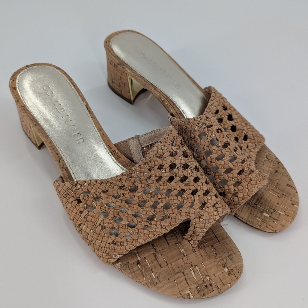 Donald J. Pliner Woven Cork Slide Sandals Boho Summer Block Heel Tan 9.5 Coastal